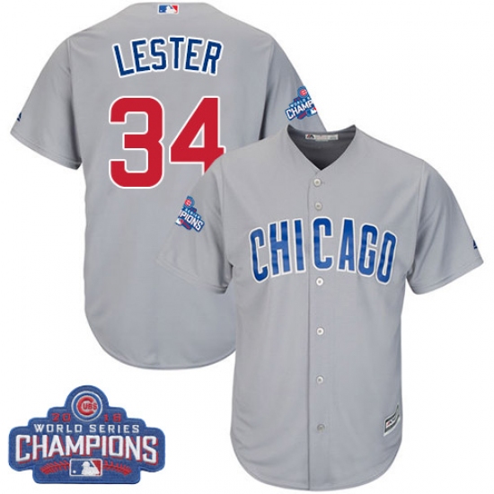 Youth Majestic Chicago Cubs 34 Jon Lester Authentic Grey Road 2016 World Series Champions Cool Base MLB Jersey