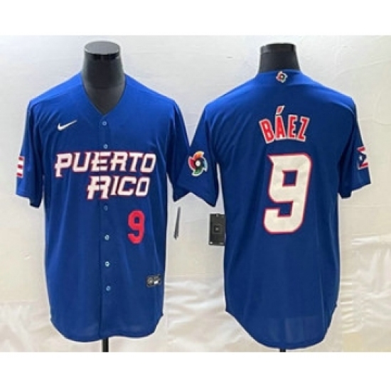 Men's Puerto Rico Baseball 9 Javier Baez Number 2023 Blue World Baseball Classic Stitched Jersey