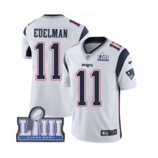 Youth Nike New England Patriots 11 Julian Edelman White Vapor Untouchable Limited Player Super Bowl LIII Bound NFL Jersey