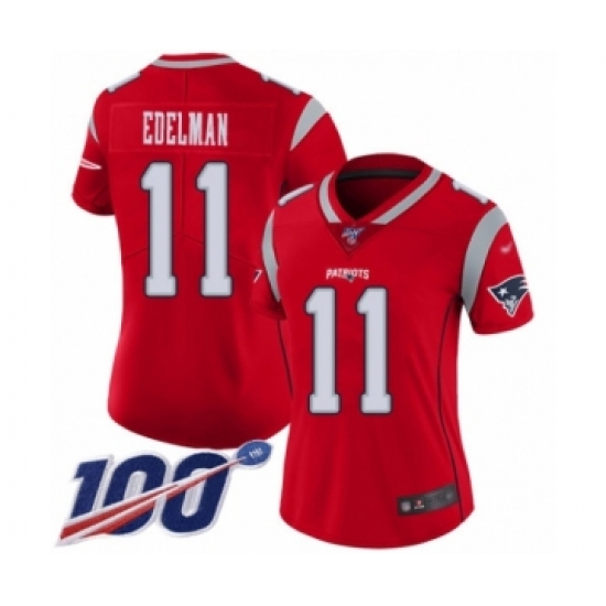 Women's New England Patriots 11 Julian Edelman Limited Red Inverted Legend 100th Season Football Jersey