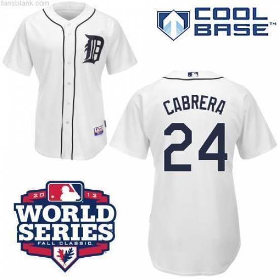 Men's Majestic Detroit Tigers 24 Miguel Cabrera Replica White 2012 World Series Patch MLB Jersey