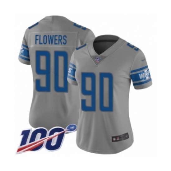 Women's Detroit Lions 90 Trey Flowers Limited Gray Inverted Legend 100th Season Football Jersey