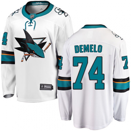 Youth San Jose Sharks 74 Dylan DeMelo Fanatics Branded White Away Breakaway NHL Jersey