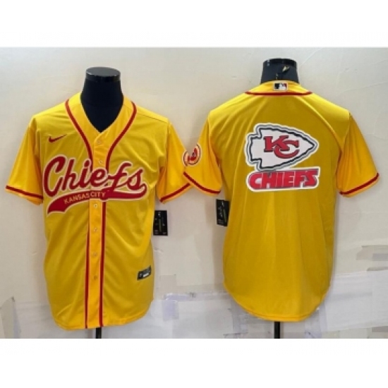 Men's Kansas City Chiefs Gold Team Big Logo With Patch Cool Base Stitched Baseball Jersey