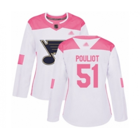 Women's St. Louis Blues 51 Derrick Pouliot Authentic White Pink Fashion Hockey Jersey