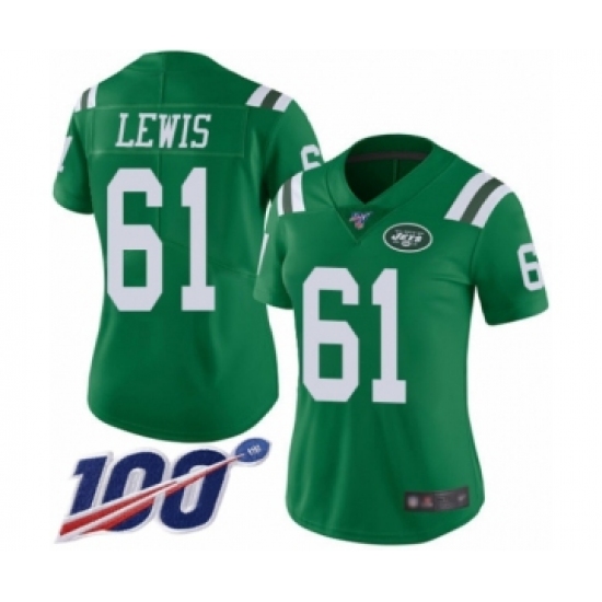 Women's New York Jets 61 Alex Lewis Limited Green Rush Vapor Untouchable 100th Season Football Jersey