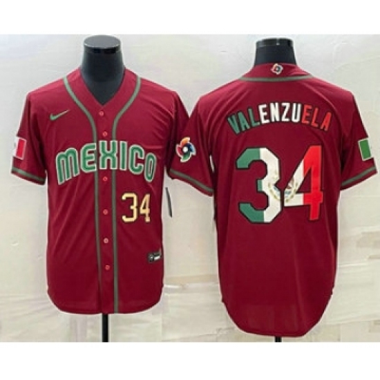 Men's Mexico Baseball 34 Fernando Valenzuela Number 2023 Red Blue World Baseball Classic Stitched Jersey3