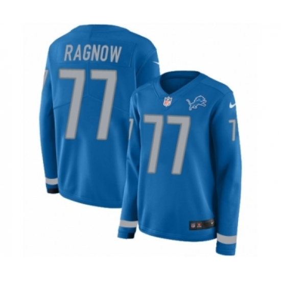 Women's Nike Detroit Lions 77 Frank Ragnow Limited Blue Therma Long Sleeve NFL Jersey