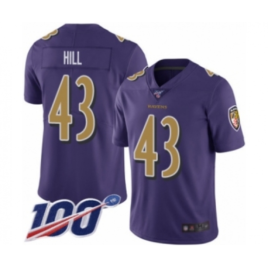 Men's Baltimore Ravens 43 Justice Hill Limited Purple Rush Vapor Untouchable 100th Season Football Jersey