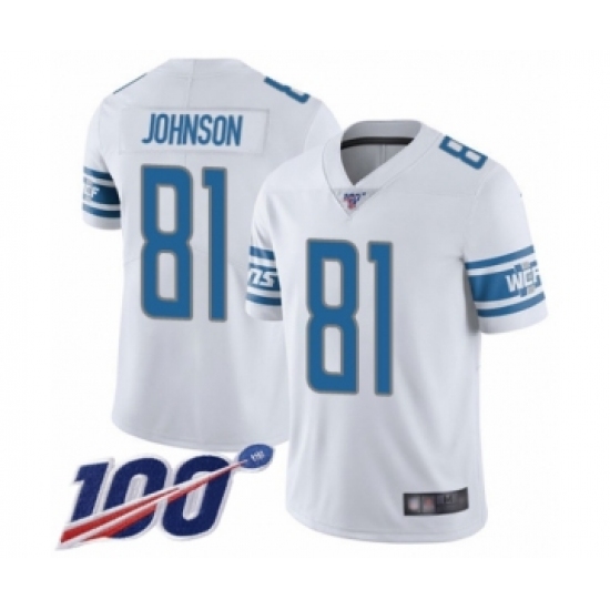 Men's Detroit Lions 81 Calvin Johnson White Vapor Untouchable Limited Player 100th Season Football Jersey