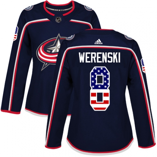 Women's Adidas Columbus Blue Jackets 8 Zach Werenski Authentic Navy Blue USA Flag Fashion NHL Jersey