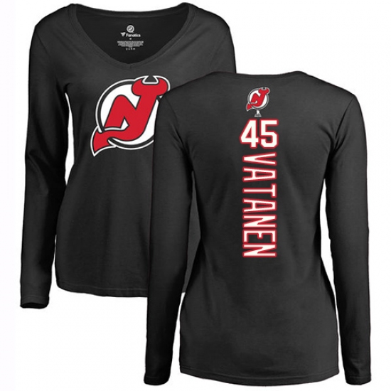 NHL Women's Adidas New Jersey Devils 45 Sami Vatanen Black Backer Long Sleeve T-Shirt