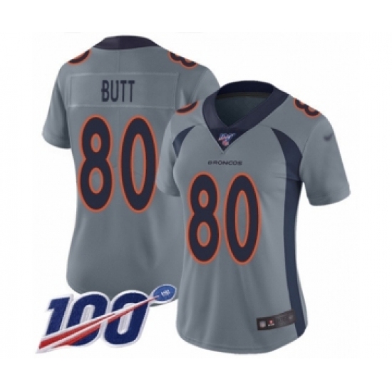 Women's Denver Broncos 80 Jake Butt Limited Silver Inverted Legend 100th Season Football Jersey