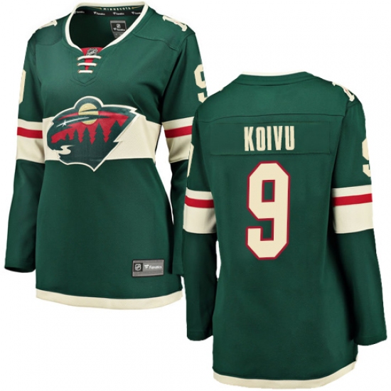 Women's Minnesota Wild 9 Mikko Koivu Authentic Green Home Fanatics Branded Breakaway NHL Jersey