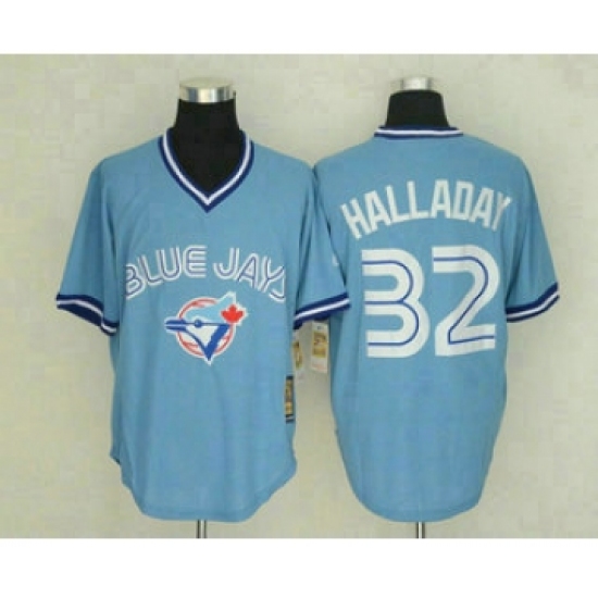 Men's Toronto Blue Jays 32 Roy Halladay Light Blue Pullover Stitched MLB Throwback Jersey By Mitchell & Ness