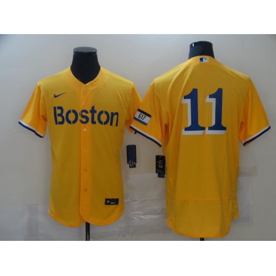 Men's Boston Red Sox 11 Rafael Devers Nike Gold-Light Blue 2021 City Connect Jersey