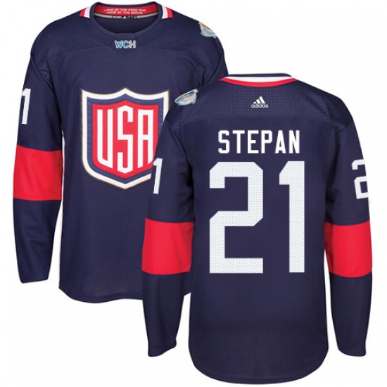 Youth Adidas Team USA 21 Derek Stepan Premier Navy Blue Away 2016 World Cup Ice Hockey Jersey