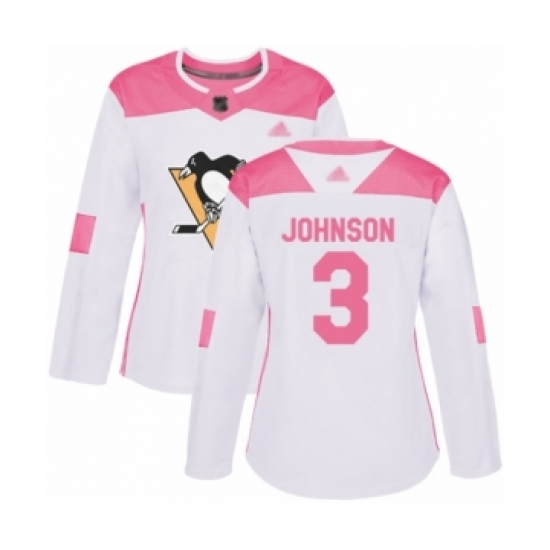 Women's Pittsburgh Penguins 3 Jack Johnson Authentic White Pink Fashion Hockey Jersey