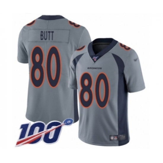 Men's Denver Broncos 80 Jake Butt Limited Silver Inverted Legend 100th Season Football Jersey