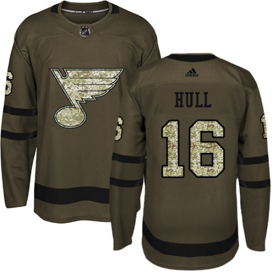 Men's Adidas St. Louis Blues 16 Brett Hull Authentic Green Salute to Service NHL Jersey