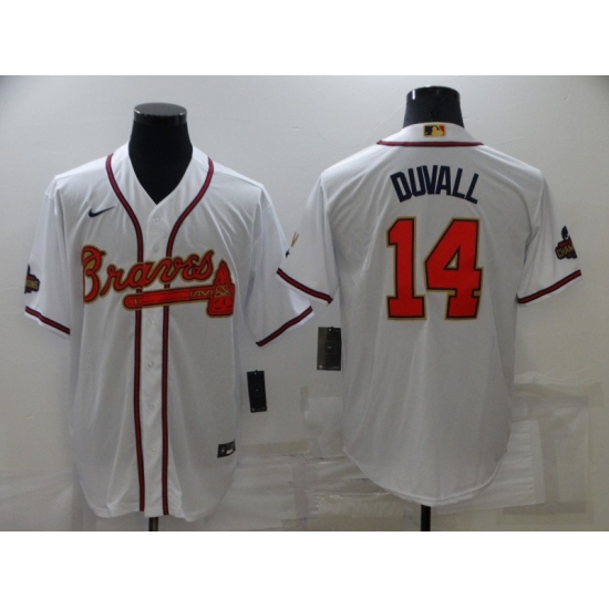 Men's Atlanta Braves 14 Adam Duvall White 2022 Gold Program Authentic Player Jersey