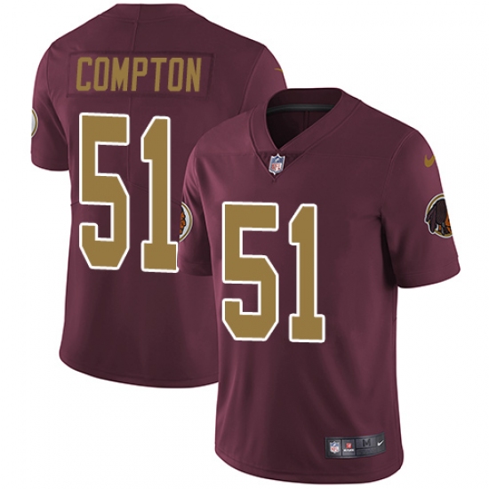 Youth Nike Washington Redskins 51 Will Compton Burgundy Red/Gold Number Alternate 80TH Anniversary Vapor Untouchable Limited Player NFL Jersey