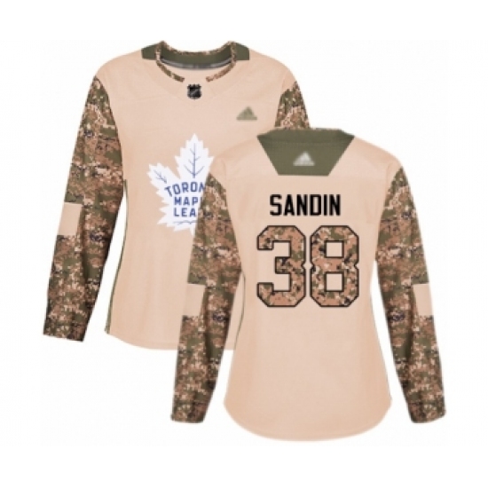 Women's Toronto Maple Leafs 38 Rasmus Sandin Authentic Camo Veterans Day Practice Hockey Jersey