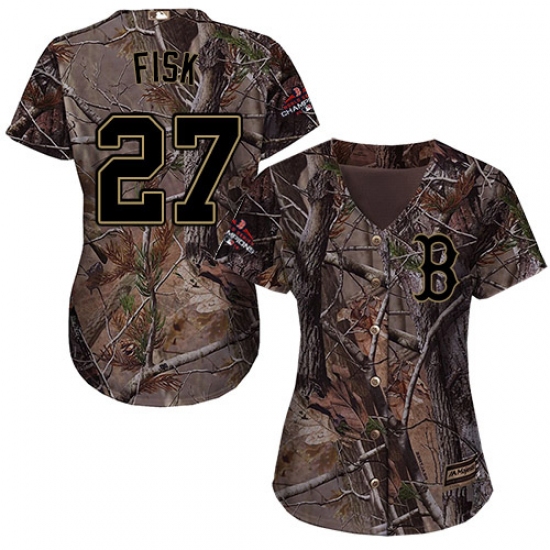 Women's Majestic Boston Red Sox 27 Carlton Fisk Authentic Camo Realtree Collection Flex Base 2018 World Series Champions MLB Jersey