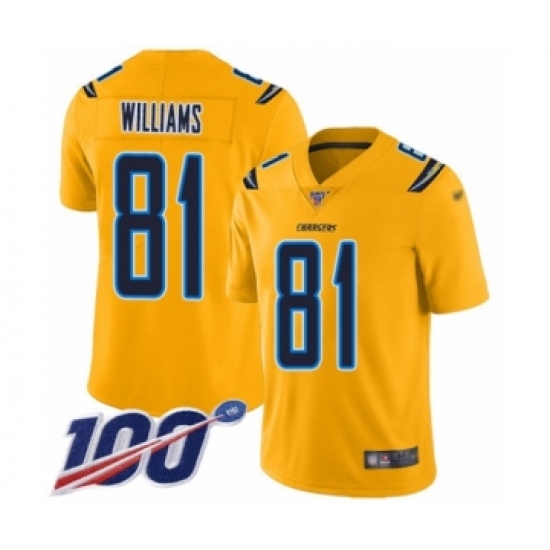 Men's Los Angeles Chargers 81 Mike Williams Limited Gold Inverted Legend 100th Season Football Jersey