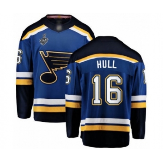 Men's St. Louis Blues 16 Brett Hull Fanatics Branded Royal Blue Home Breakaway 2019 Stanley Cup Final Bound Hockey Jersey