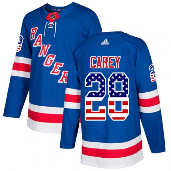 Youth Adidas New York Rangers 28 Paul Carey Authentic Royal Blue USA Flag Fashion NHL Jersey