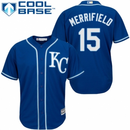 Youth Majestic Kansas City Royals 15 Whit Merrifield Replica Blue Alternate 2 Cool Base MLB Jersey