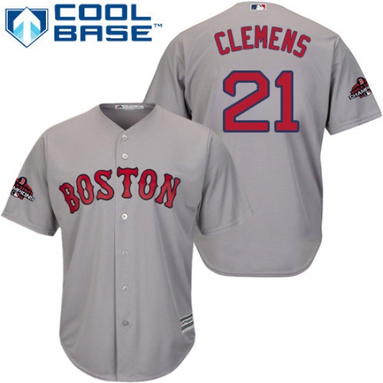 Youth Majestic Boston Red Sox 21 Roger Clemens Authentic Grey Road Cool Base 2018 World Series Champions MLB Jersey