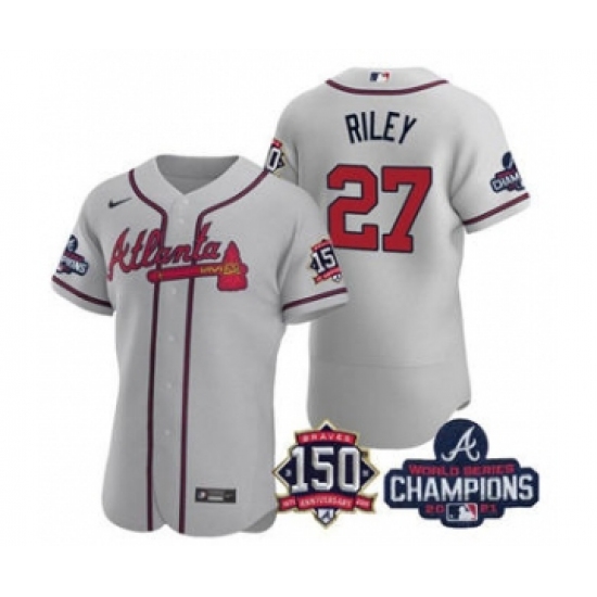 Men's Atlanta Braves 27 Austin Riley 2021 Gray World Series Champions With 150th Anniversary Flex Base Stitched Jersey