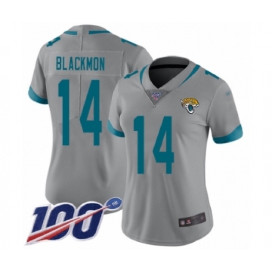 Women's Jacksonville Jaguars 14 Justin Blackmon Silver Inverted Legend Limited 100th Season Football Jersey