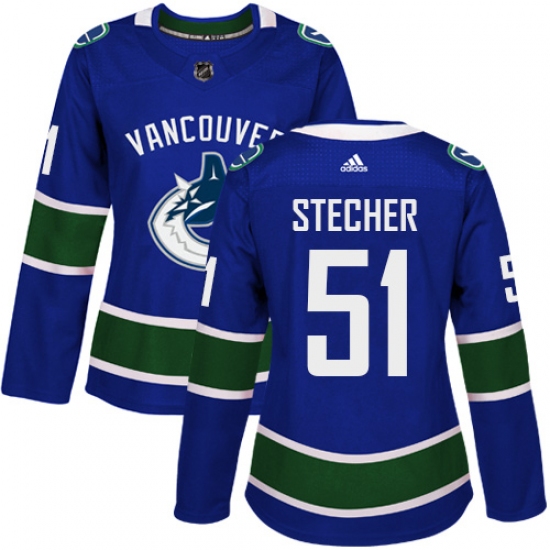 Women's Adidas Vancouver Canucks 51 Troy Stecher Premier Blue Home NHL Jersey