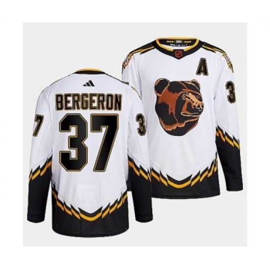 Men's Boston Bruins 37 Patrice Bergeron 2022 White Reverse Retro Stitched Jersey