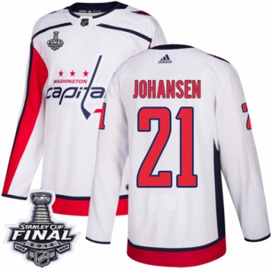 Men's Adidas Washington Capitals 21 Lucas Johansen Authentic White Away 2018 Stanley Cup Final NHL Jersey