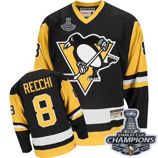 Men's CCM Pittsburgh Penguins 8 Mark Recchi Authentic Black Throwback 2017 Stanley Cup Champions NHL Jersey