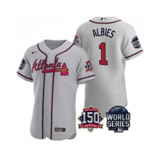 Men's Atlanta Braves 1 Ozzie Albies 2021 Gray World Series Flex Base With 150th Anniversary Patch Baseball Jersey