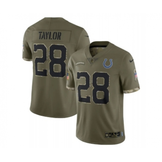 Men's Indianapolis Colts 28 Jonathan Taylor 2022 Olive Salute To Service Limited Stitched Jersey