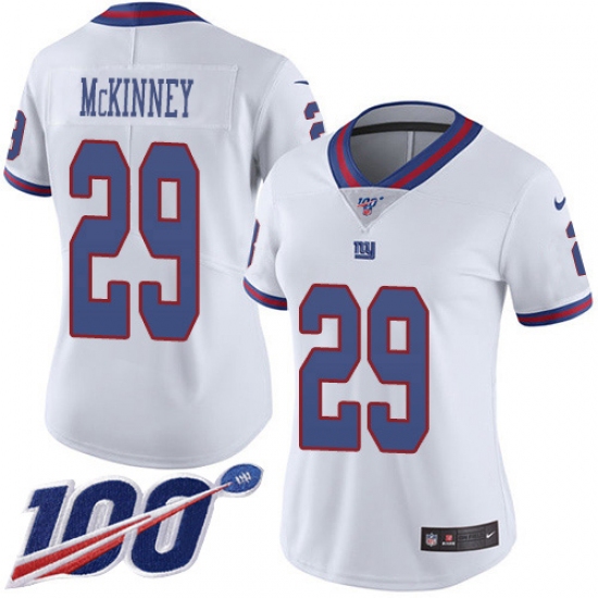 Women's New York Giants 29 Xavier McKinney White Stitched Limited Rush 100th Season Jersey