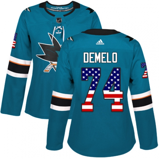 Women's Adidas San Jose Sharks 74 Dylan DeMelo Authentic Teal Green USA Flag Fashion NHL Jersey