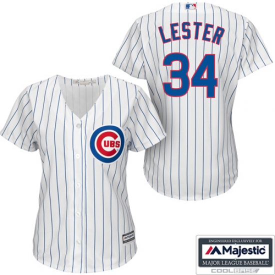 Women's Majestic Chicago Cubs 34 Jon Lester Replica White/Blue Strip Fashion MLB Jersey