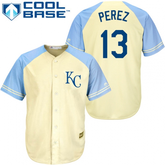 Men's Majestic Kansas City Royals 13 Salvador Perez Authentic Cream Exclusive Vintage Cool Base MLB Jersey