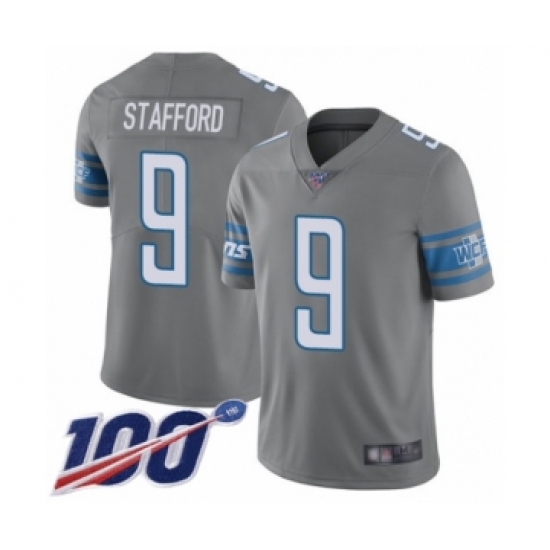 Men's Detroit Lions 9 Matthew Stafford Limited Steel Rush Vapor Untouchable 100th Season Football Jersey