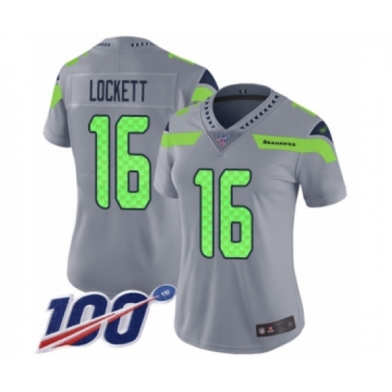 Women's Seattle Seahawks 16 Tyler Lockett Limited Silver Inverted Legend 100th Season Football Jersey