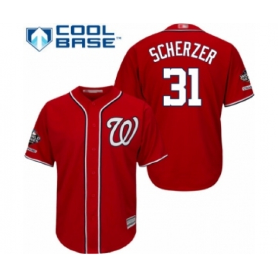 Youth Washington Nationals 31 Max Scherzer Authentic Red Alternate 1 Cool Base 2019 World Series Champions Baseball Jersey