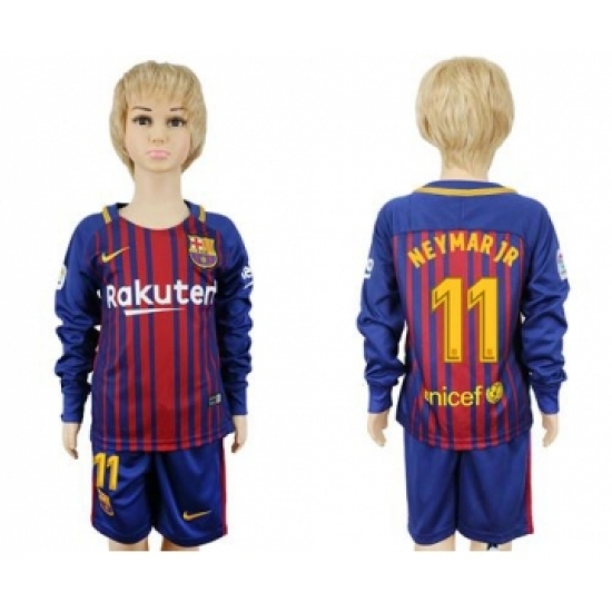 Barcelona 11 Neymar Jr Home Long Sleeves Kid Soccer Club Jersey