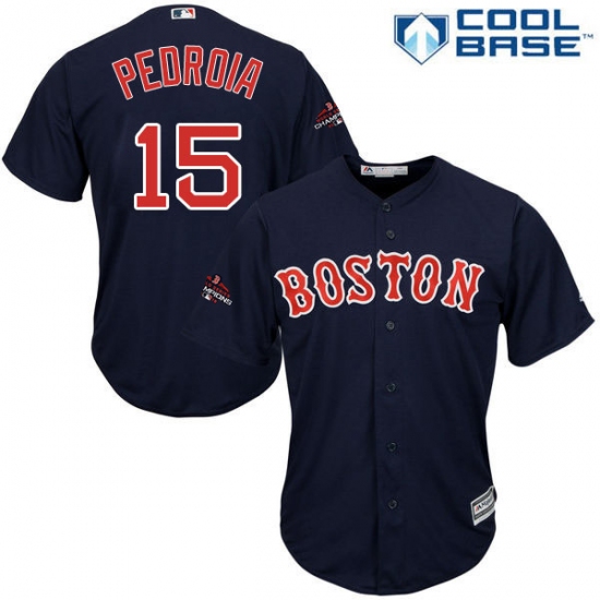 Youth Majestic Boston Red Sox 15 Dustin Pedroia Authentic Navy Blue Alternate Road Cool Base 2018 World Series Champions MLB Jersey